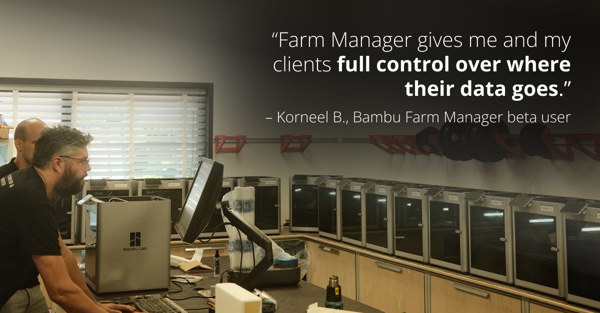 BambulabGlobal's tweet image. Our early beta tester, Korneel, found a quick and easy solution to his biggest challenge—local control of his customer data!
See how Bambu Farm Manager helps him keep things secure, efficient, and fully under control 👉 share.bambulab.com/4lBCJl7