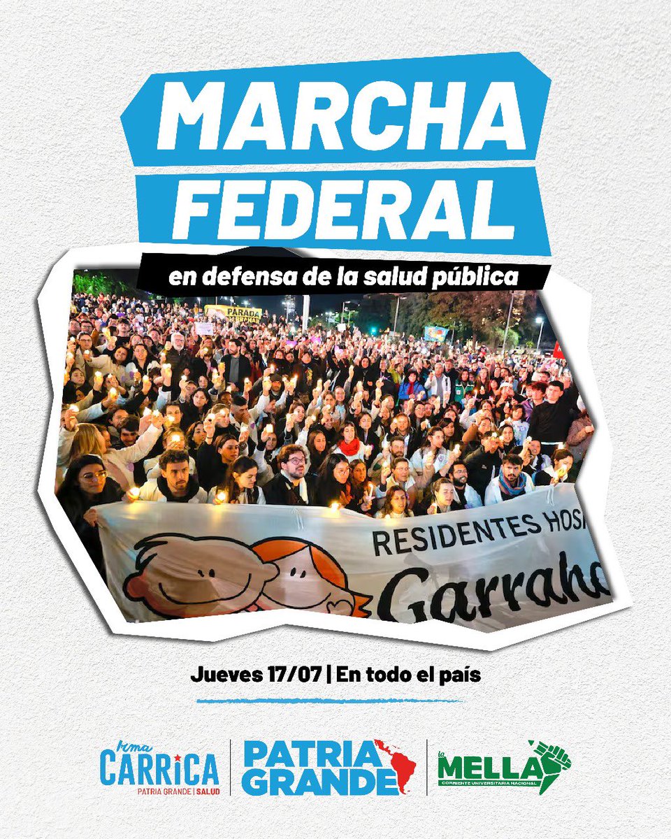 AL GRAN PUEBLO ARGENTINO, SALUD

Este jueves marchamos en todo el país en defensa del derecho a la salud. Frente a un gobierno inhumano que desfinancia la salud pública, deja sin medicamentos a los jubilados, congela los salarios de los profesionales y destruye el sistema de