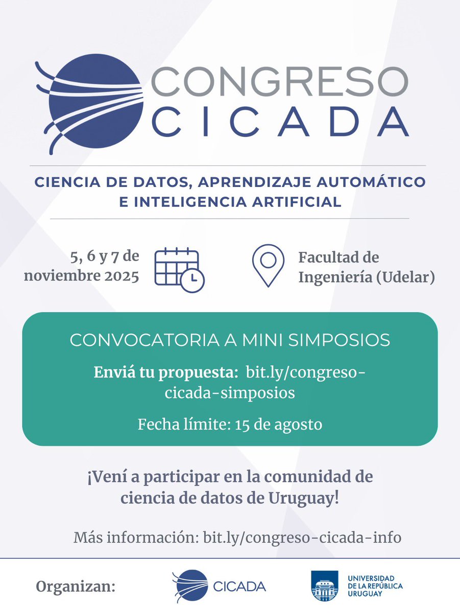CicadaUy's tweet image. 📢 Convocatoria a Mini Simposios para el Congreso CICADA.
Algunos temas sugeridos:
-IA y salud.
-IA y educación.
-IA y agro.
-IA y deporte.
-Gobernanza de la IA.
👏Enviá tu propuesta: bit.ly/congreso-cicad…