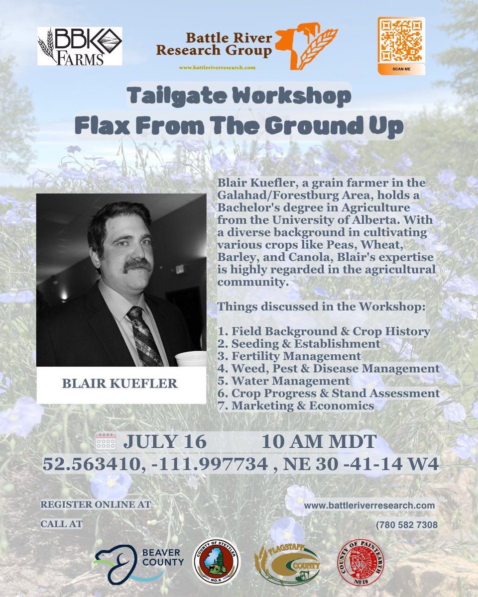 2 days to go! 🌾 Flax From The Ground Up 🌾
🚜 Tailgate Workshop in the Field

🗓 July 16 | 10 AM MDT
👨‍🌾 With Blair Kuefler at Ryan Kuefler’s farm
📍 NE 30 - 41 - 14 W4 | [52.563410, -111.997734]

👉 Get hands-on insights into flax production — from seed to harvest!

🔗
