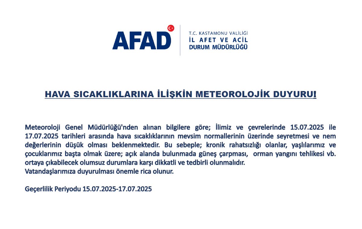 HAVA SICAKLIKLARINA İLİŞKİN METEOROLOJİK DUYURU !