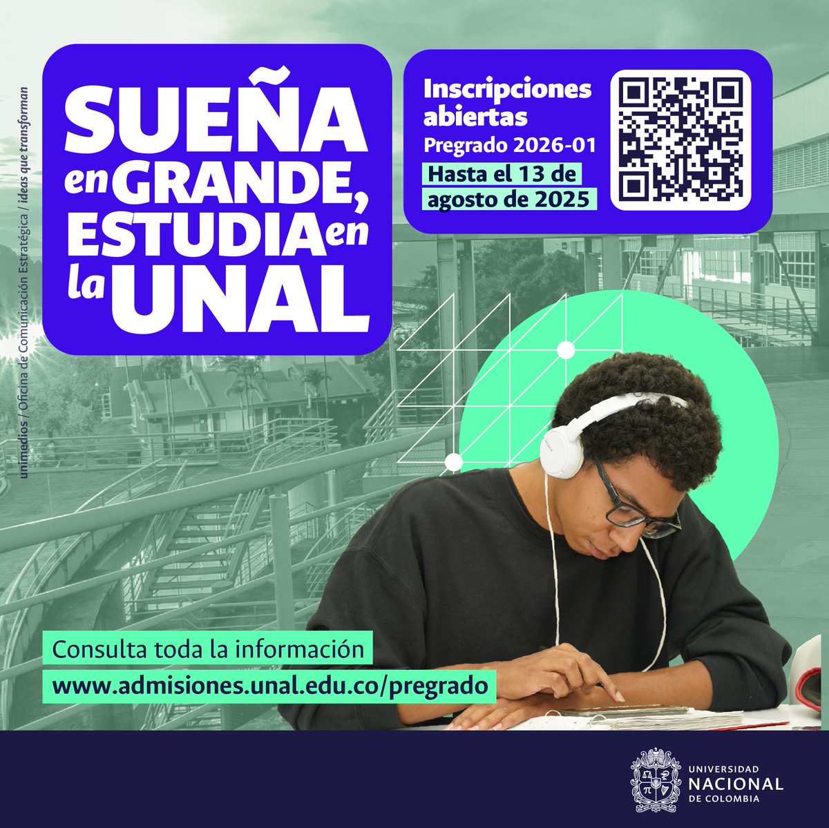 🎓 ¿Quieres transformar tu futuro?
¡Estudia en la Universidad Nacional de Colombia! 🌟
Ya están abiertas las inscripciones para programas de pregrado 2026-01.
Tienes plazo hasta el 13 de agosto de 2025 para hacer parte de una de las mejores universidades del país.

#SomosUNAL