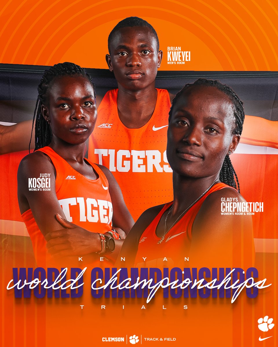 ClemsonTrackXC's tweet image. Congratulations to these Tigers on getting invited to the Kenyan World Championships Trials 🇰🇪
Gladys Chepngetich (W 400m & 800m), Judy Kosgei (W 800m) & Brian Kweyei (M 800m) are set to compete on Tuesday, July 22 at the Ulinzi Sports Complex in Nairobi, Kenya. 🐾