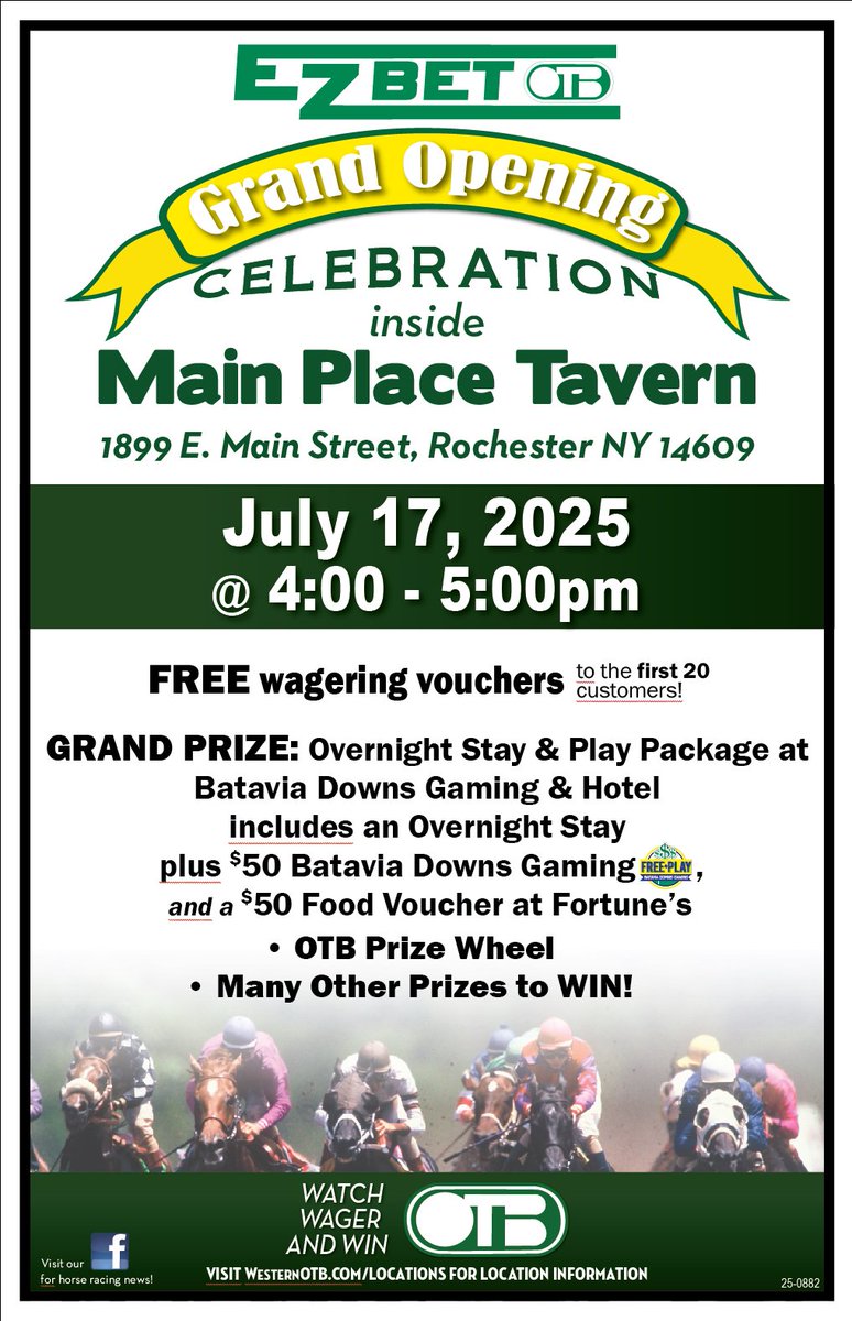 #GrandOpening! ⭐ We are proud to announce a NEW E-Z Bet location in Rochester: Main Place Tavern  

Be one of the first 20 customers to visit between 4-5 pm on July 17th &amp; receive a FREE wagering voucher! Plus, get in on tons of exciting prize giveaways!

📍 1899 E. Main Street,
