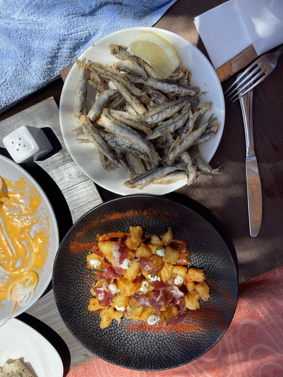 Comida de playa 🏖️en #trocaderoArena, para matar el hambre. Ensalada de tomate con un aliño de salmorejo,fresquita y agradable. 
Bravas con jamón ibérico, sabrosas. 
Boquerones… un poco maltratados, eso sí.
La tumbona y el entorno:top.
El personal: muy amable, pero algo verde.