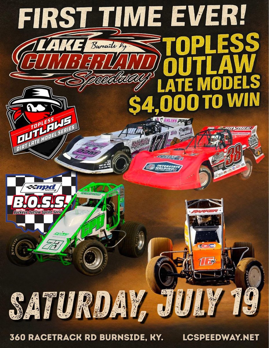 LCSpeedway (@lc_speedway) on Twitter photo Saturday, July 19th, 1st TIME EVER! <a href="/lc_speedway/">LCSpeedway</a> welcomes Topless Outlaw Late Models AND B.O.S.S. Sprint Cars! Gates open 2pm Hotlaps 7pm. LCSPEEDWAY.NET Saturday, July 19th, 1st TIME EVER! <a href="/lc_speedway/">LCSpeedway</a> welcomes Topless Outlaw Late Models AND B.O.S.S. Sprint Cars! Gates open 2pm Hotlaps 7pm. LCSPEEDWAY.NET