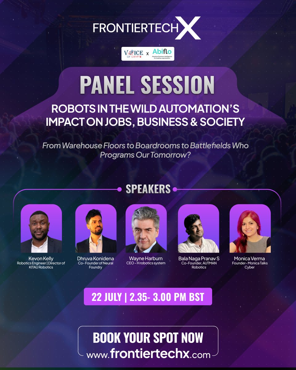 Donbit (@donbit_) on Twitter photo Who’s programming our future?
Join us at #FrontierTechX London 2025 for the panel:
"Robots in the Wild: Automation’s Impact on Jobs, Business & Society"
Featuring: <a href="/KitauRobotics/">KITAU Robotics</a>, <a href="/DhruvaKonidena/">Dhruva Konidena</a> , Wayne Harburn, Bala Naga Pranav S & <a href="/MonTalksCyber/">Monica Verma</a> Who’s programming our future?
Join us at #FrontierTechX London 2025 for the panel:
"Robots in the Wild: Automation’s Impact on Jobs, Business & Society"
Featuring: <a href="/KitauRobotics/">KITAU Robotics</a>, <a href="/DhruvaKonidena/">Dhruva Konidena</a> , Wayne Harburn, Bala Naga Pranav S & <a href="/MonTalksCyber/">Monica Verma</a>
