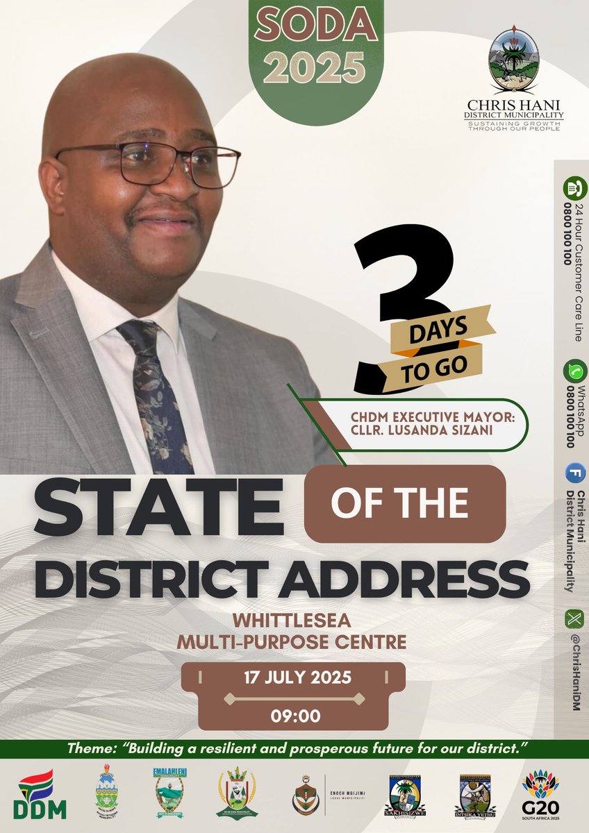 3 Days to Go!
The countdown has officially begun! In just 3 days, the Executive Mayor will deliver the State of the District Address (SoDA) 2025, reflecting on our progress, challenges, and the road ahead.
#3DaysToGo
#CHDMAtWork
#SODA2025
#ServingOurCommunitiesBetter