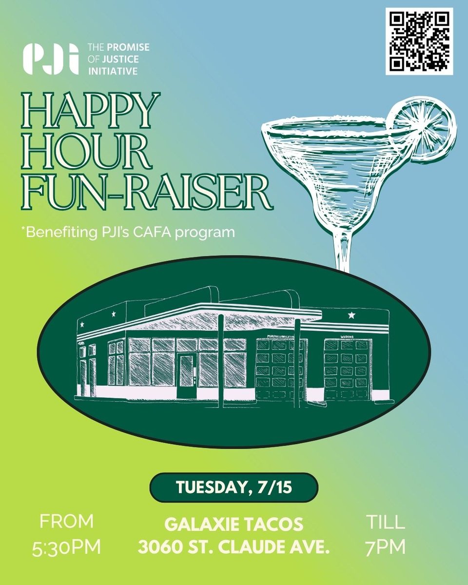 JusticesPromise's tweet image. Join us tomorrow at Galaxie Tacos as we raise funds for our Client and Family Assistance (CAFA) Program, the direct services arm of PJI. A portion of the proceeds go towards helping us continue this work, which centers the well being & personhood of our incarcerated clients.