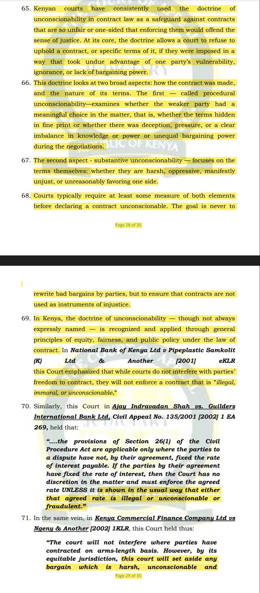 KensonMutethia's tweet photo. Courts have consistently held that where the terms of a loan agreement are punitive — particularly through excessive compounding over long duration—they may be struck down. This is because equity refuses to enforce contractual provisions that shock the conscience of the court. https://t.co/hOavCPESE8
