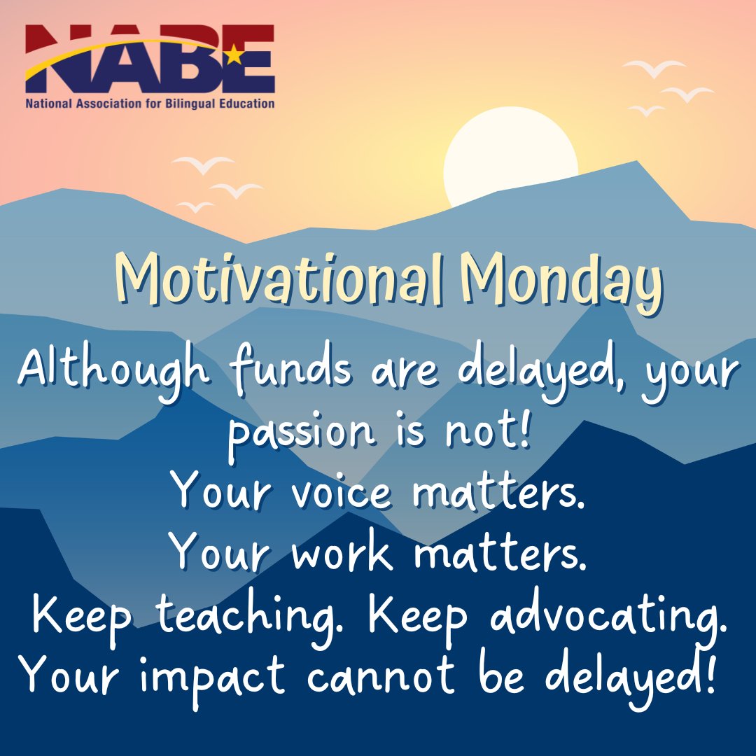 NABE- National Association for Bilingual Education (@nabeorg) on Twitter photo Hey NABE Family! Happy Motivational Monday!ย Your commitment, your voice, and your passion cannot be stopped.
โจKeep showing up. Keep advocating. Your impact is powerful โ and itโs felt every day.
#MotivationalMonday #NABE2026 #BilingualEducation #AdvocateForELs #TitleIII Hey NABE Family! Happy Motivational Monday!ย Your commitment, your voice, and your passion cannot be stopped.
โจKeep showing up. Keep advocating. Your impact is powerful โ and itโs felt every day.
#MotivationalMonday #NABE2026 #BilingualEducation #AdvocateForELs #TitleIII