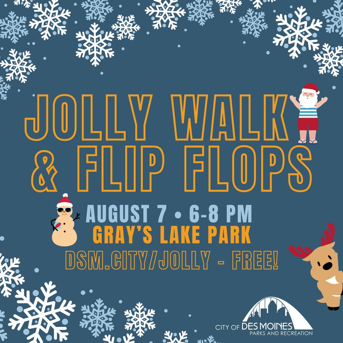 DesMoinesParks's tweet image. Take those flip flops on a jolly walk🎅 🩴

Join us on Thursday, Aug 7 from 6-8 PM for this FREE and festive evening walk around Gray&apos;s Lake! Take a seasonal stroll, play games, collect prizes and more!

Learn more and register at DSM.City/Jolly 🎉