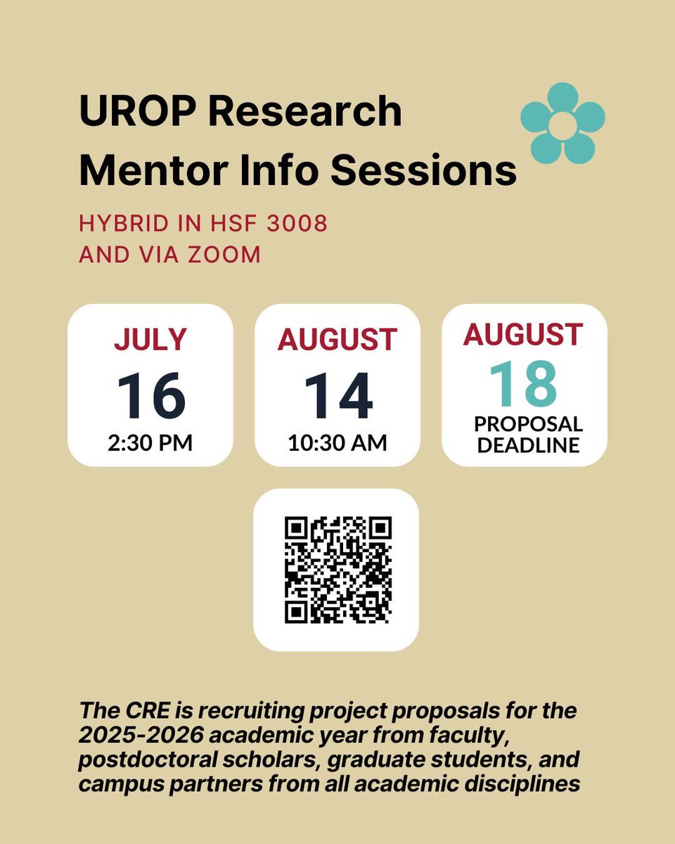 FSU_CRE's tweet image. The CRE is now recruiting UROP project proposals for the 2025–2026 academic year from faculty, postdocs, graduate students, and campus partners.
UROP Research Mentor Info Session:
📅 July 16 | 2:30–3:30 PM
📅 August 14 | 10:30–11:30 AM
The deadline is August 18th!