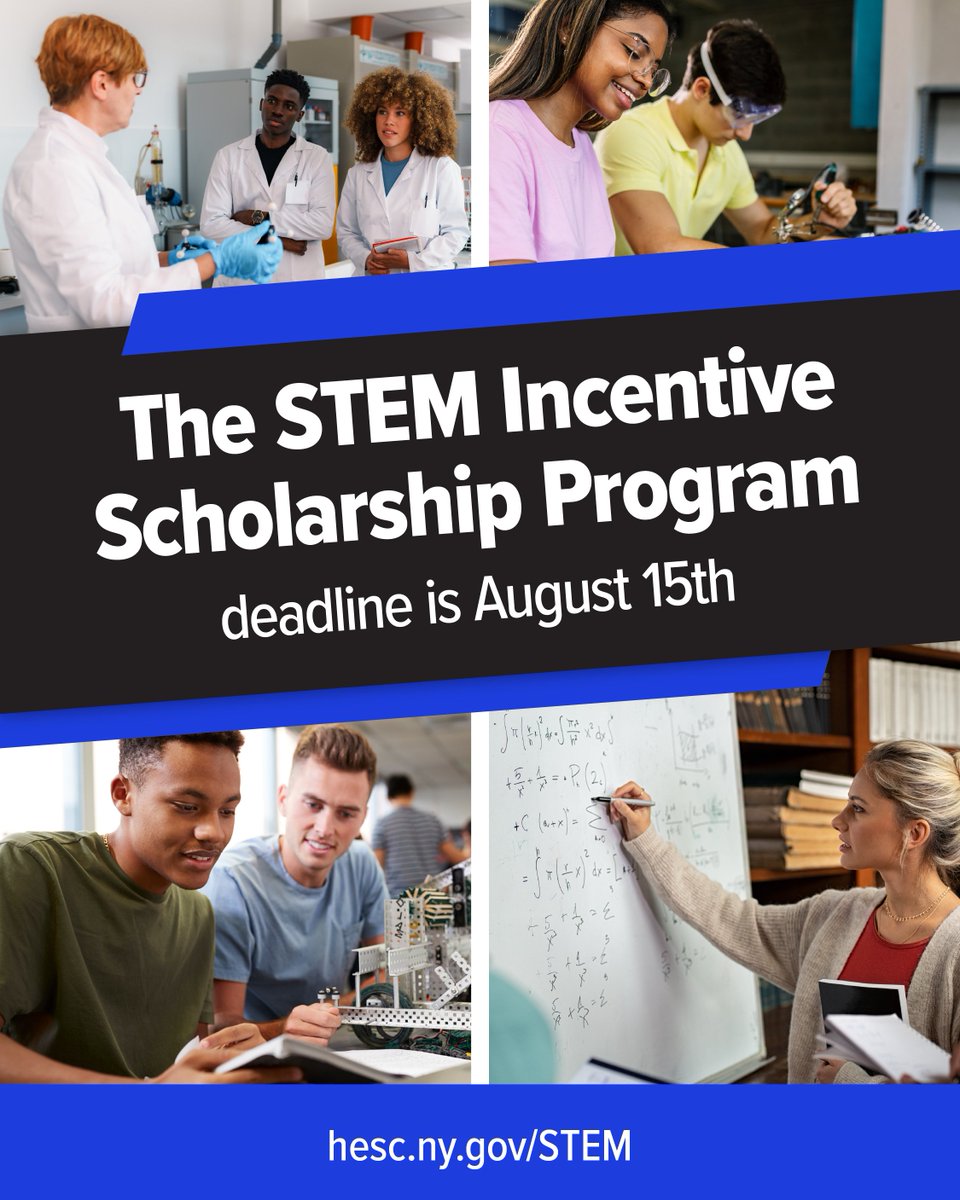 NYSStudentAid's tweet image. Dreaming of a career in STEM? 🧪🔬⚙️💰 Take the first step toward your future by applying to the NYS STEM Incentive Program! The 2025-26 academic year application closes on 8/15.
Learn more and apply today to turn your dreams into reality! Apply today: hesc.ny.gov/STEM