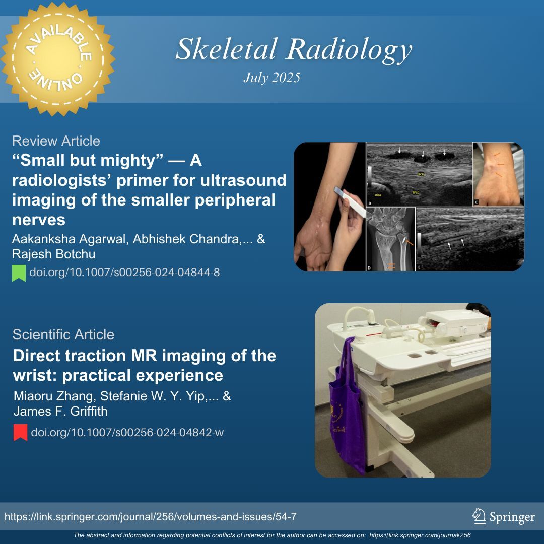 skeletaljournal's tweet image. 🟢 “Small but mighty” — A radiologists’ primer for ultrasound imaging of the smaller peripheral nerves 🔗 rdcu.be/enJ2m
🔴 Direct traction MR imaging of the wrist: practical experience 🔗 rdcu.be/enKeA
#SkeletalRadiology