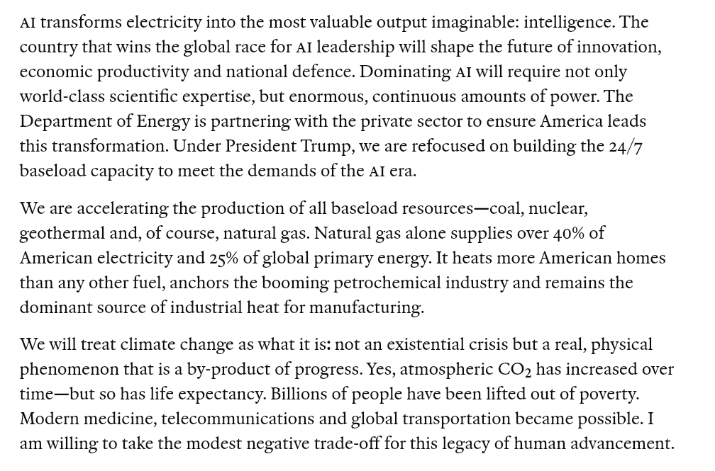 Secretary of Energy, Chris Wright:
'AI transforms electricity into the most valuable output imaginable: intelligence.'