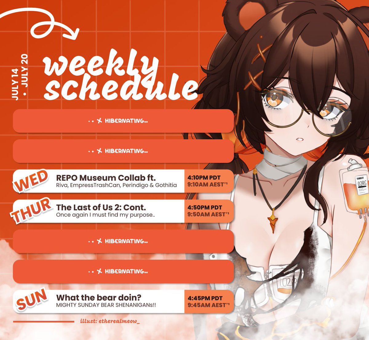 raechuue's tweet image. bear schedule for the week ๐๐ป
i'll be collabing with the girls for some REPO shenanigans where we'll make LOTS OF MONEYY!! ๐ช