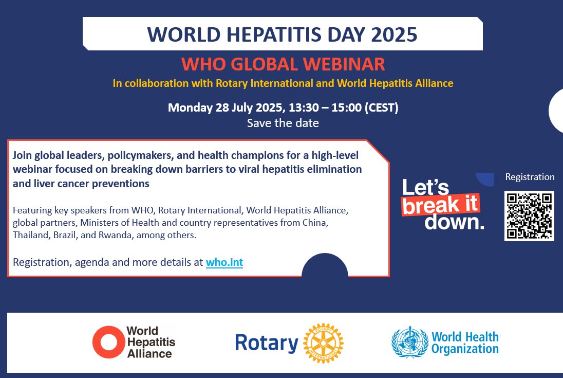 World Hepatitis Alliance (@hep_alliance) on Twitter photo #WorldHepatitisDay is in two weeks!
Join us on 28 July for the WHD 2025 global webinar, co-organised with the <a href="/WHO/">World Health Organization (WHO)</a>, <a href="/Hep_Alliance/">World Hepatitis Alliance</a>, and <a href="/Rotary/">Rotary International</a>.
The webinar will provide spotlights and country progress from communities and partners, as well as effective and innovative public #WorldHepatitisDay is in two weeks!
Join us on 28 July for the WHD 2025 global webinar, co-organised with the <a href="/WHO/">World Health Organization (WHO)</a>, <a href="/Hep_Alliance/">World Hepatitis Alliance</a>, and <a href="/Rotary/">Rotary International</a>.
The webinar will provide spotlights and country progress from communities and partners, as well as effective and innovative public