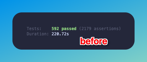 smitmartijn's tweet image. once you get to a certain number of tests in your app, it pays to check if you're not seeding too much data per each test
I had a general seeder that tests in the beginning all used data from, but as time went on - less so. I removed the general seeder and this was the result: