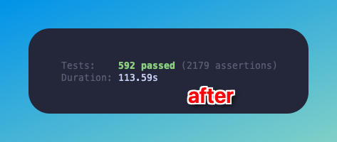 smitmartijn's tweet image. once you get to a certain number of tests in your app, it pays to check if you're not seeding too much data per each test
I had a general seeder that tests in the beginning all used data from, but as time went on - less so. I removed the general seeder and this was the result: