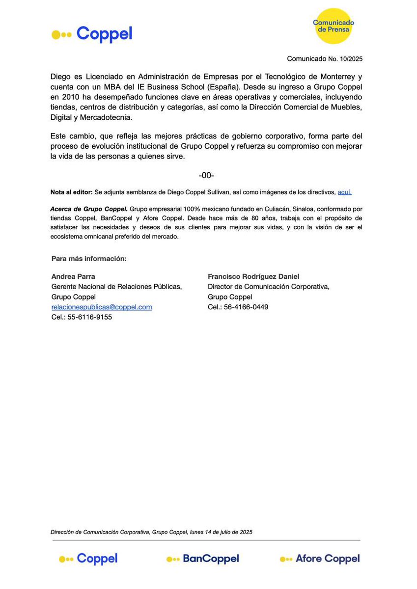 #GrupoCoppel anuncia su nueva estructura de liderazgo: Diego Coppel Sullivan asume la Dirección General y Agustín Coppel Luken permanece como Presidente del Consejo🟡🟡🟡
Conoce más: cppl.io/SZWnwk

#OrgulloCoppel