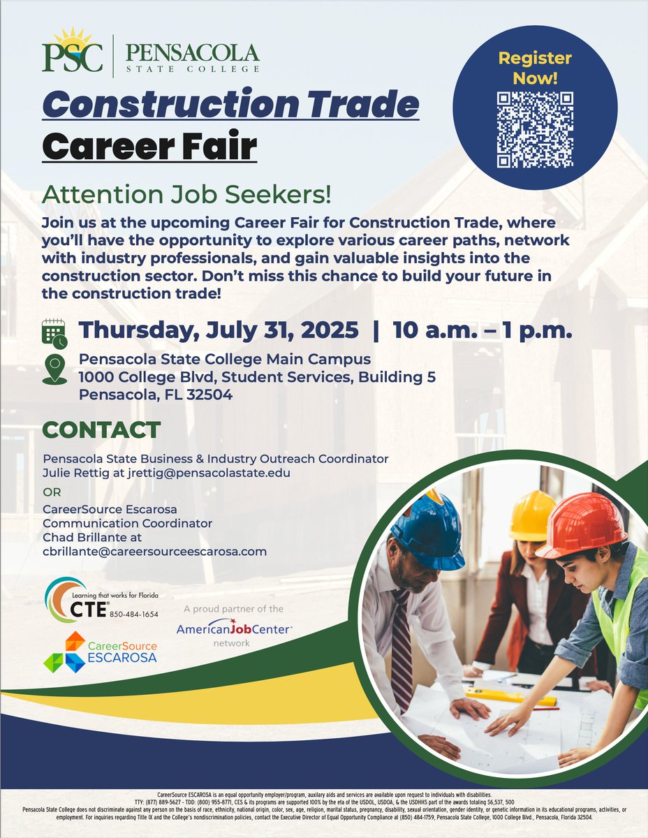 Searching for the career that's right for you?

Join us in Building 5 on Thursday, July 31, from 10 AM til 1 PM at the Career Fair for Construction Trade.

View the flyer for more details.

#CareerFair #CTE #GoHereGetThere #pensacolastatecollege