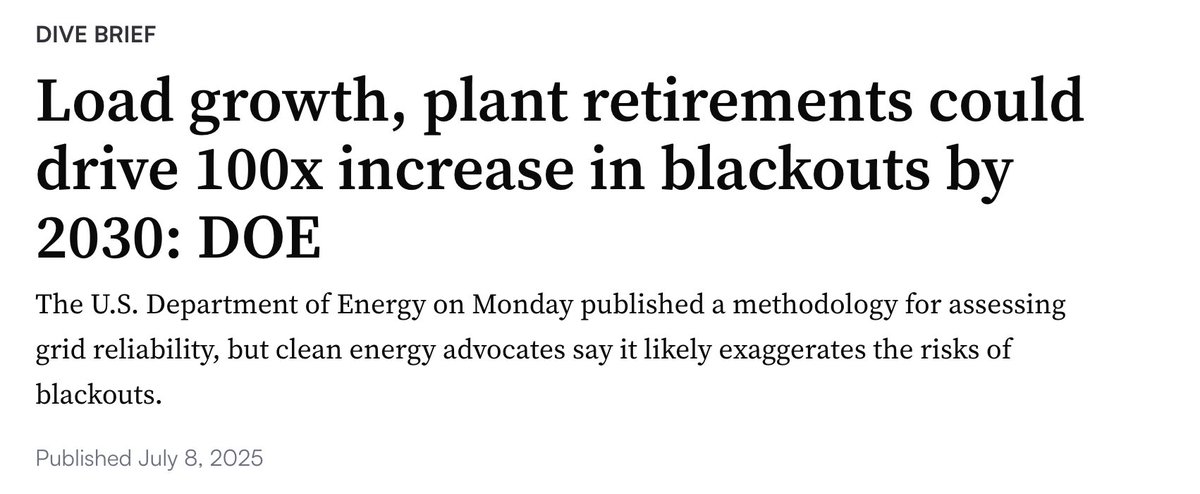 kevindstevens's tweet image. A new DOE report estimates blackout hours could grow near 1,000 by 2030.
The report assumes 104 GW of plant retirements by, with the addition of 210 GW of new generation.
I'll take the opposite side of this trade and say the 104 GW finds a way to extend the useful life.