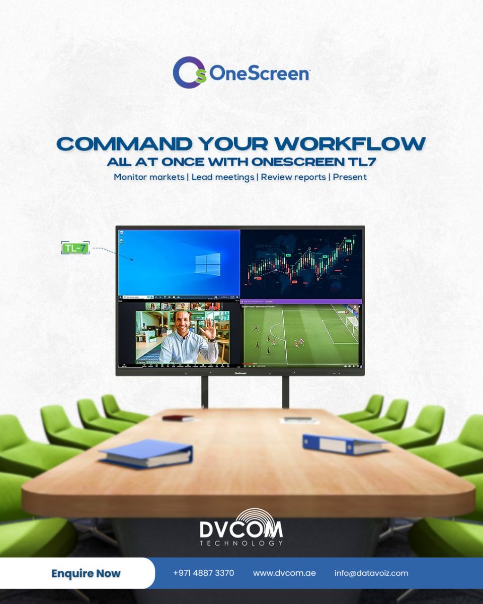 DvcomTechnology's tweet image. 𝐎𝐧𝐞𝐒𝐜𝐫𝐞𝐞𝐧 𝐓𝐋𝟕 — trade, present &amp;amp; lead meetings on one screen.
⚡ Multi-window multitasking
⚡ Touch-responsive clarity
📞 Book your FREE demo today: dvcom.ae
#OneScreenTL7 #DVCOMTechnology #AllInOneDisplay #SmartOfficeSolutions #BoardroomSolutions