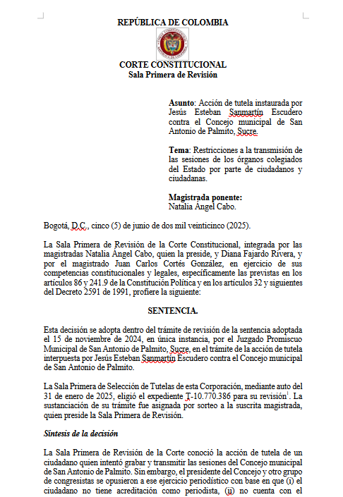 articulo20's tweet photo. SENTENCIA RECOMENDADA 🗣
#Constitucional #EntesTerritoriales
Ciudadanía puede grabar y transmitir sesiones de concejos municipales para ejercer control político y fortalecer la democracia
Solicita la providencia completa AL CORREO: 📩gestiondocumental@articulo20.com.co ENVIANDO EL TÍTULO con la frase "Los leo en X. Envíame un Demo con la información laboral".