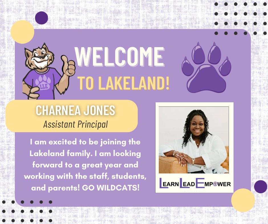 Lakeland Elementary (@humbleisd_lle) on Twitter photo Paws up for our new Assistant Principal, Charnea Jones! Welcome to the Wildcat team, we’re lucky to have you!💜🐾 #WildcatProud <a href="/ArmyAg86/">Patrick Andrus</a> <a href="/HumbleISD_LLE/">Lakeland Elementary</a> Paws up for our new Assistant Principal, Charnea Jones! Welcome to the Wildcat team, we’re lucky to have you!💜🐾 #WildcatProud <a href="/ArmyAg86/">Patrick Andrus</a> <a href="/HumbleISD_LLE/">Lakeland Elementary</a>