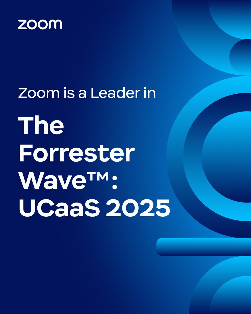Zoom's tweet image. Forrester just named Zoom a Leader in UCaaS 🎉 Here’s why ⤵️
The 2025 Forrester Wave™ for Unified-Communications-as-a-Service (UCaaS) report places Zoom among top vendors, with 5/5 scores in:
👨💻 Meetings experience
💬 Chat intelligence
🤖 Chat automation
✨ AI assistant
💻…