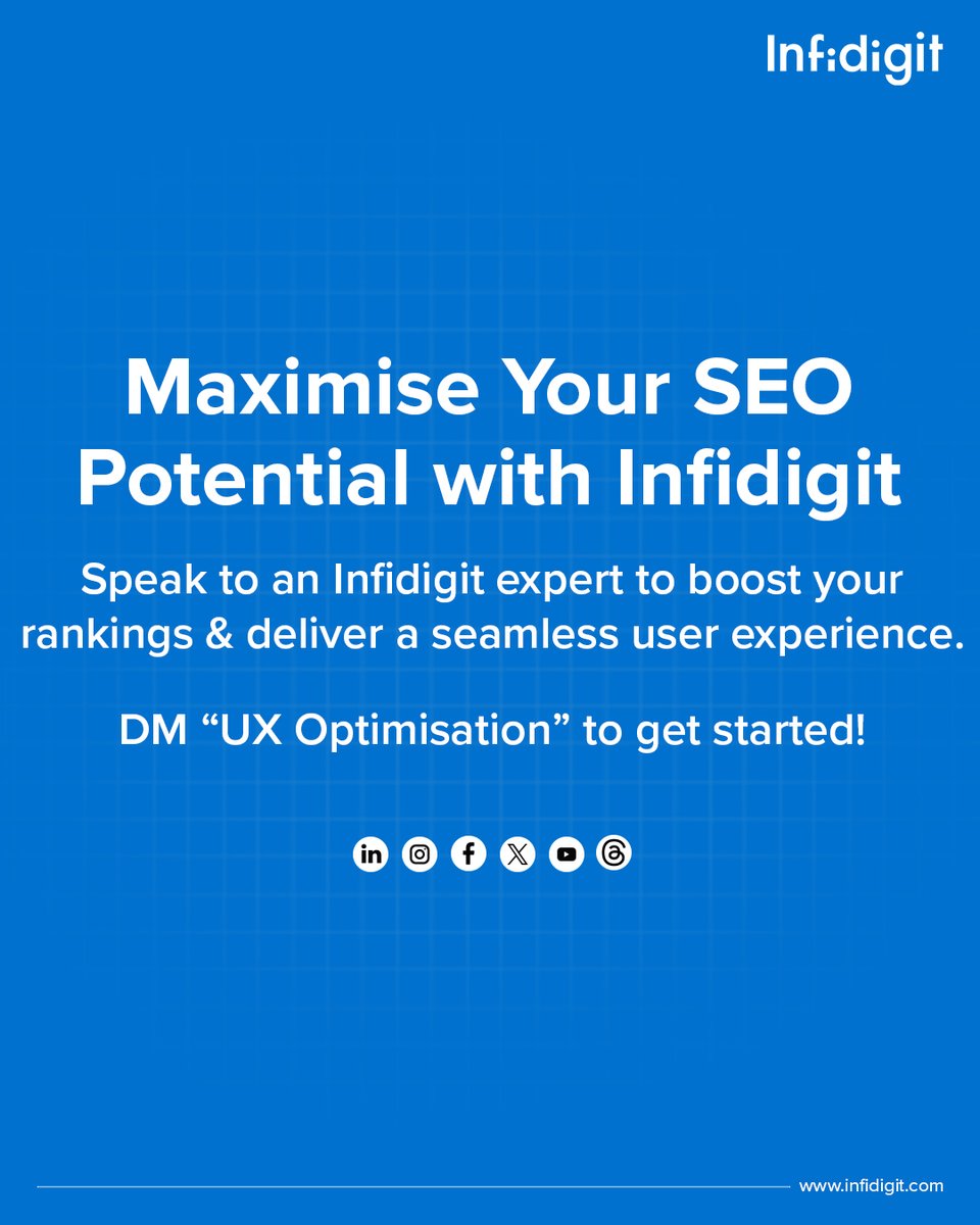 Infidigit's tweet image. 💬 DM “UX Optimisation” and let Infidigit’s experts help you turn visitors into loyal customers. Let’s rank higher, together.  
#SEOSimplified #UXMatters #InfidigitExperts #WebsiteWins #SearchSuccess #DigitalGrowth #SEOGameChanger #UserFirstSEO #MobileOptimized