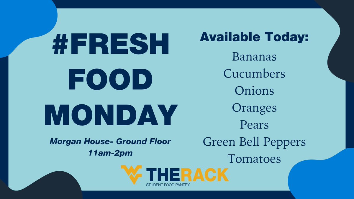 We're open 11am-2pm today offering fresh produce while supplies last!

#FreshFoodMonday #WVUTheRack