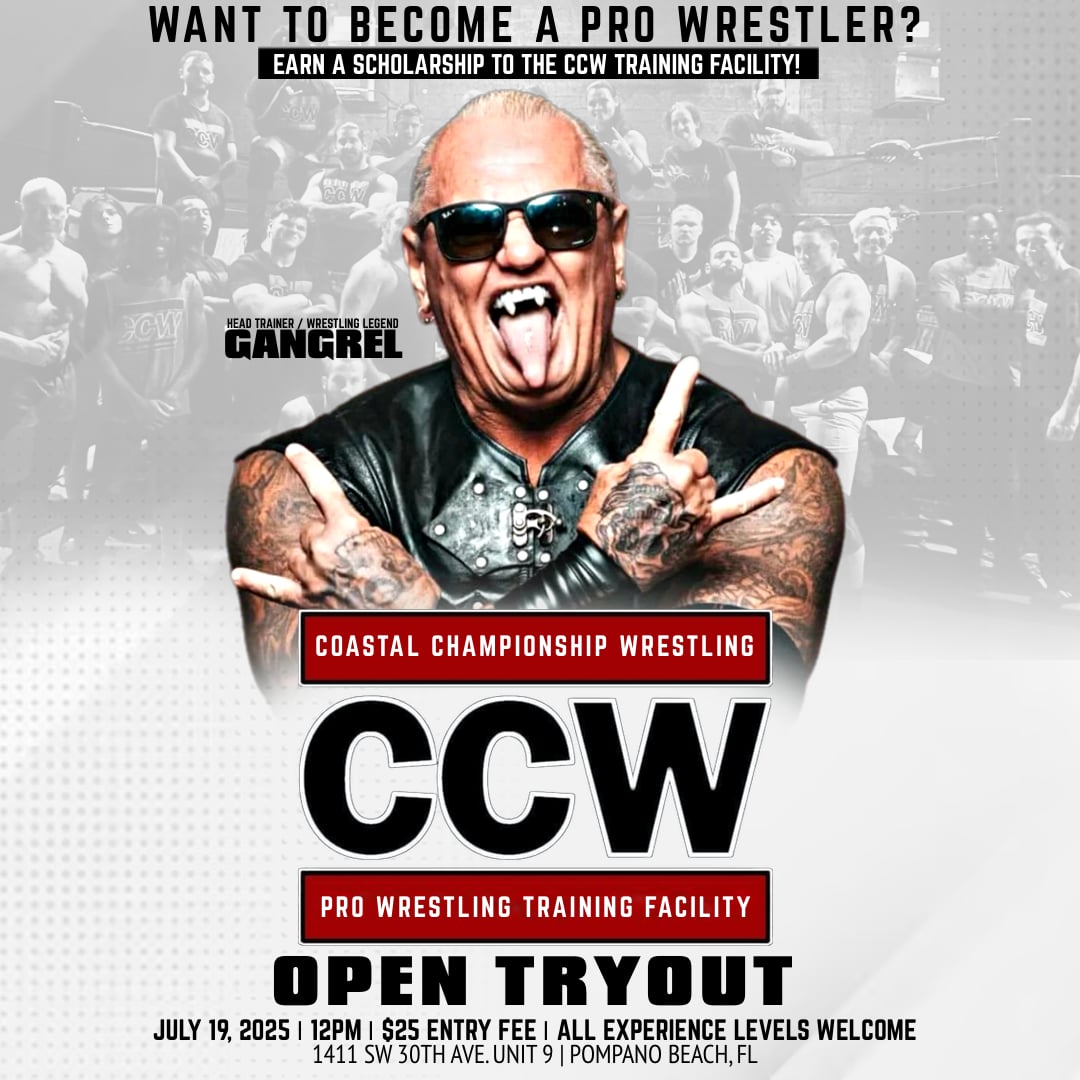CCWAliveTV's tweet image. 🚨 CALLING ALL ASPIRING WRESTLERS 🚨
Open Tryouts at the CCW Training Facility go down 7/19 in Pompano Beach!

Only $25 to enter — Head Trainer @Gangrel13 will award 2 FREE scholarships! 💥

Think you’ve got it? Prove it.
🎟 Sign up: ow.ly/6JQP50WbZHI