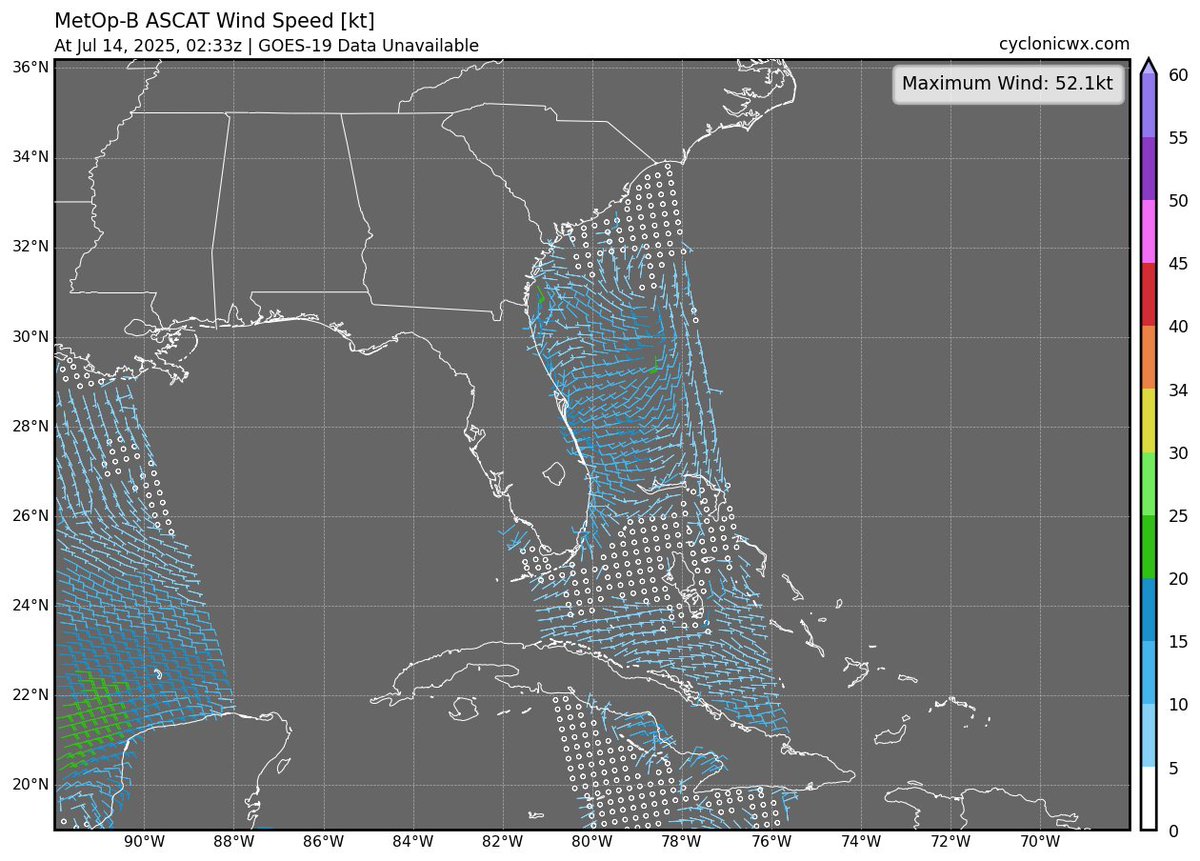 cyclonicwx's tweet image. Here's another new feature: regional ASCAT views, because there isn't always an invest to look at (like disturbance off the SE coast). You can choose a tile from the map or just navigate with the arrows. I've also added maps of vorticity and divergence to make it easier to see…