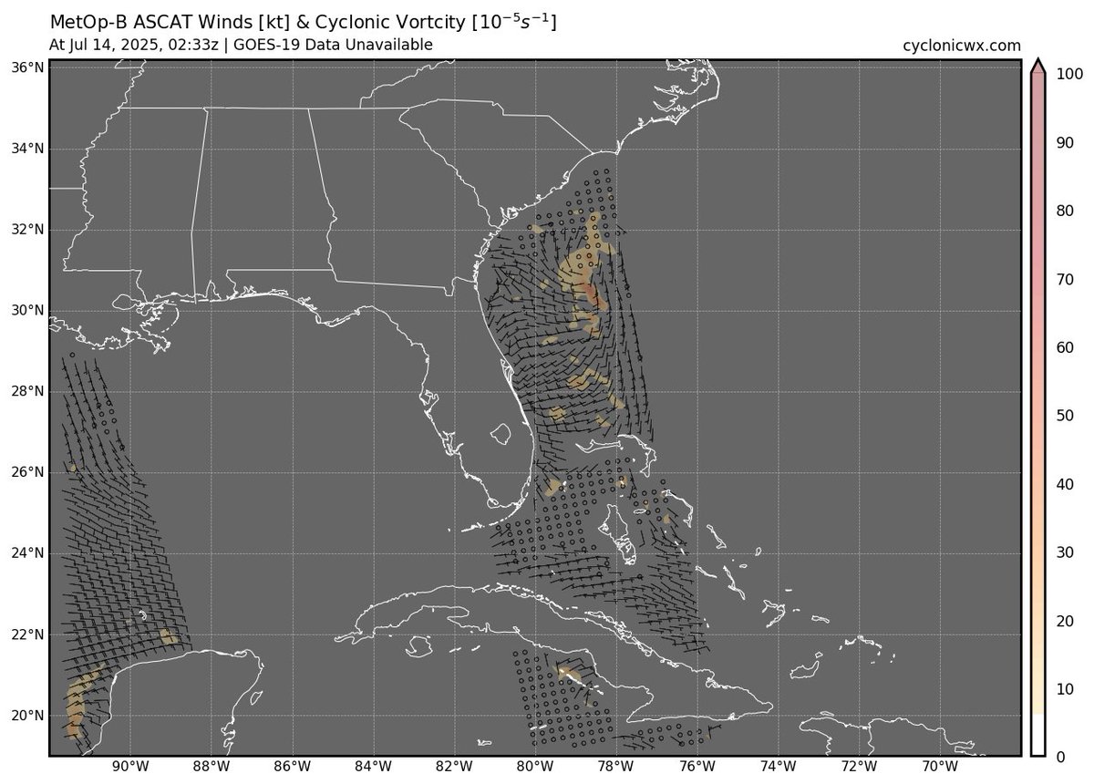 cyclonicwx's tweet image. Here's another new feature: regional ASCAT views, because there isn't always an invest to look at (like disturbance off the SE coast). You can choose a tile from the map or just navigate with the arrows. I've also added maps of vorticity and divergence to make it easier to see…