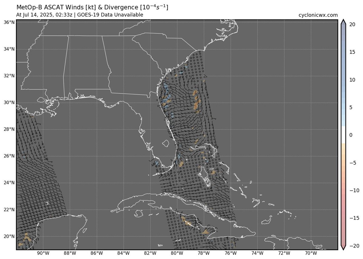 cyclonicwx's tweet image. Here's another new feature: regional ASCAT views, because there isn't always an invest to look at (like disturbance off the SE coast). You can choose a tile from the map or just navigate with the arrows. I've also added maps of vorticity and divergence to make it easier to see…