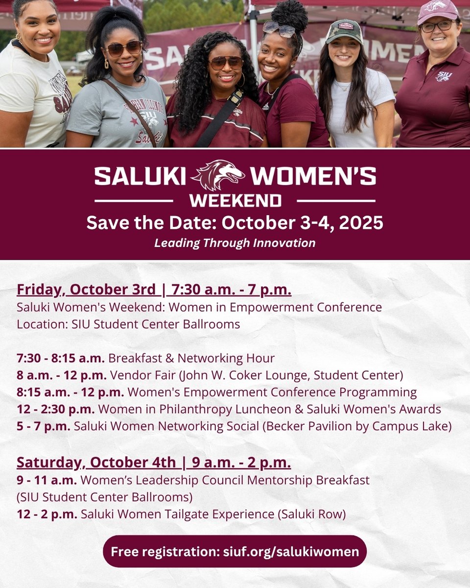 SIUFoundation's tweet image. Join us Oct 3–4 for the 4th Annual Saluki Women’s Weekend! Free registration for all!
Connect, celebrate &amp;amp; be inspired with Saluki students, alumni &amp;amp; friends. Panels, awards, networking &amp;amp; more! Register now: siuf.org/salukiwomen