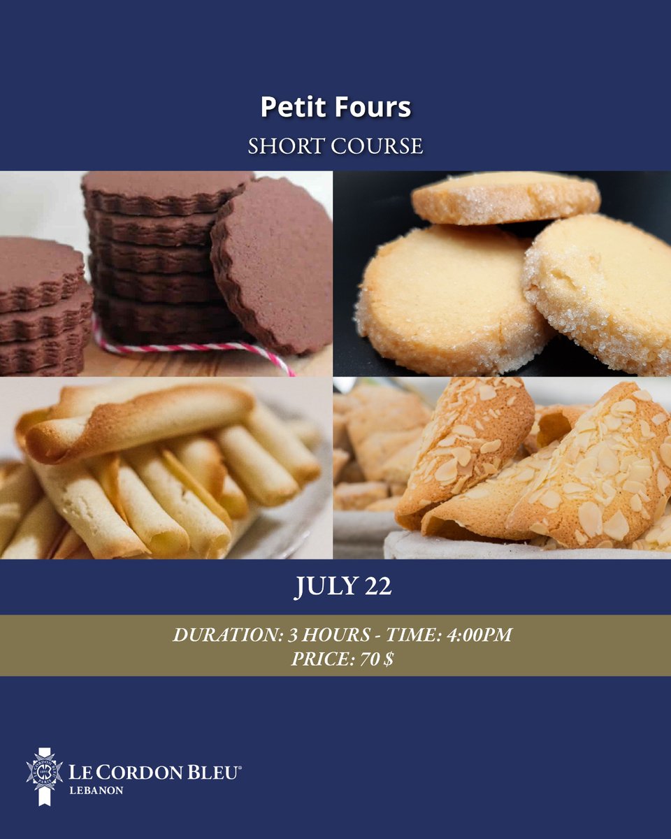 lecordonbleu_lb's tweet image. 🍪 Bake, shape, and enjoy your own Petit Fours!
Join us for a hands-on short course and explore the sweet side of French pastry at Le Cordon Bleu Lebanon.

📅 Date: July 22
⏰ Time: 4:00 PM

Reserve your spot: 81-277768 | 09-857557
#LeCordonBleuLebanon #PetitFours #BakingCourse