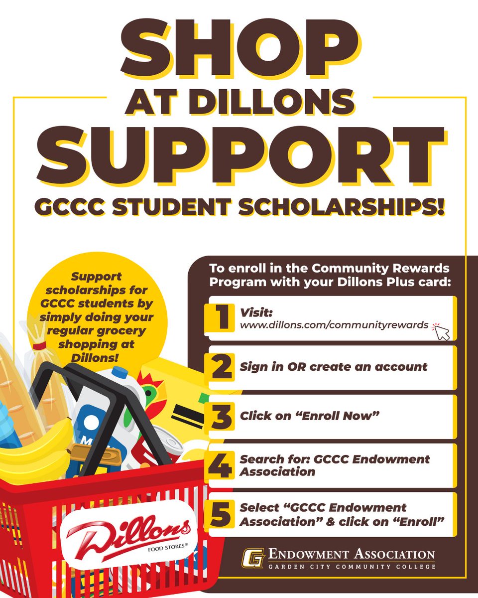Exciting News! The GCCC Endowment Association is now part of the Dillons Community Rewards Program — making it easier than ever to support student scholarships while you shop for groceries. 🛒💛

Read more:
ow.ly/N86P50Wpcl5