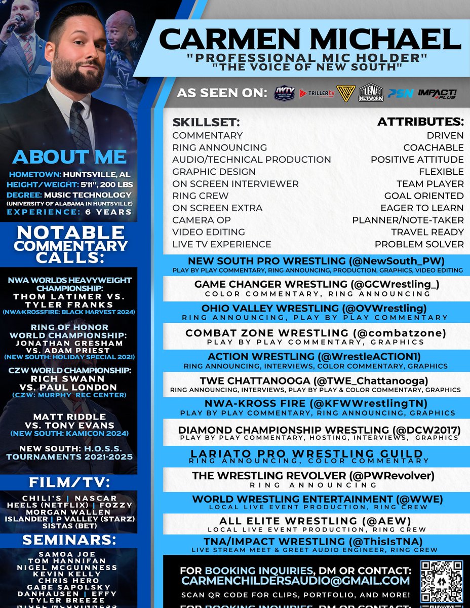 A reminder that I'm always looking for new opportunities to learn, grow, and give the best version of me possible to every promotion that invests in me!

Now based in the Birmingham, AL area.

January 1st, 2023 - Present:
350+ shows worked.
~120,000 miles traveled.
1,400+ matches