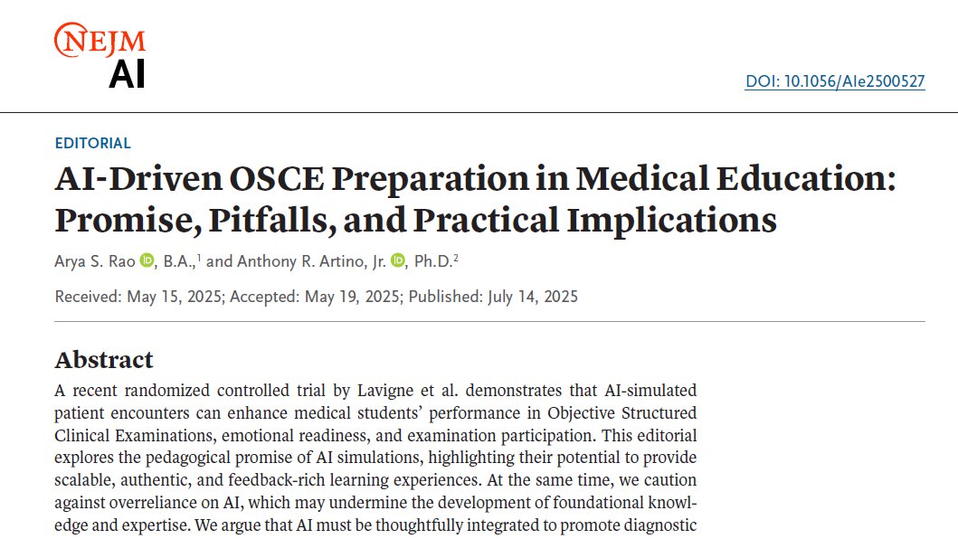 mededdoc's tweet image. 🧠📱 Just published in @NEJM_AI, we explore the promise and the perils of using #GenAI to prepare students for OSCEs. #AI can simulate patients, but it can’t replace the cognitive work of becoming a clinician. #MedEd
Read more here: doi.org/10.1056/AIe250…