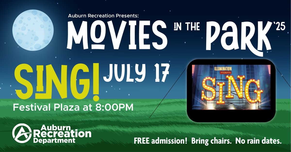 Join the Auburn Rec Department for "Movies in the Park 2025!" This week, the movie will be "SING" and it will be shown in Festival Plaza, right next to the Androscoggin River, in the heart of downtown Auburn. Admission is free - bring the whole family (and chairs). See you there!