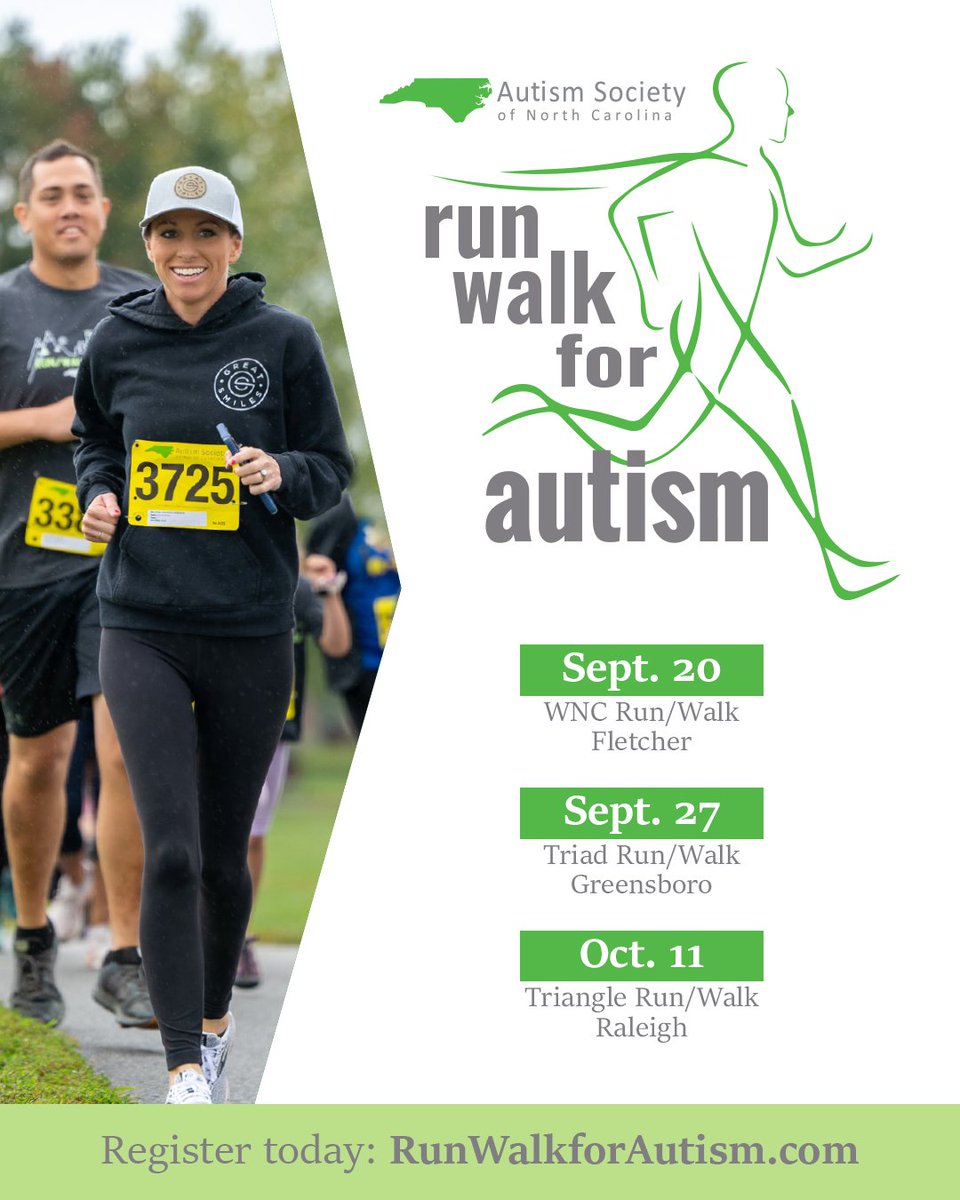 It's that time of year again, to step out to improve lives 💚 If you’re in WNC, the Triad, or the Triangle register to build your team OR donate to support families in your local community. #autism
 
REGISTER ✅ &gt; runwalkforautism.com