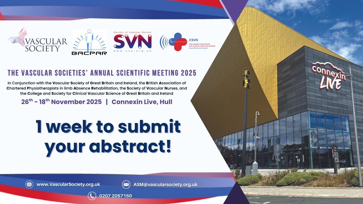 VSGBI's tweet image. 🚨Only 1 week left to submit your abstract or MDT case study for the Vascular Societies&apos; Annual Scientific Meeting.
🗓️Deadline: 9am, Monday 21st July 2025 
💻vascularsociety.org.uk/annual-meeting…
@svtgbi @BACPAR_official @vascularnurses