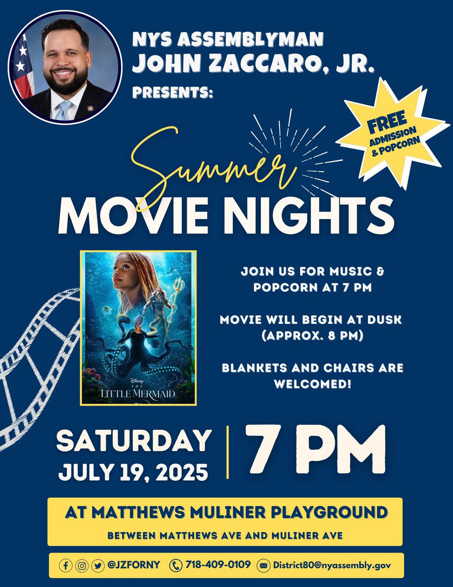 Join us on Saturday, July 19th

We’re bringing The Little Mermaid to Matthews Muliner Playground for a magical Summer Movie Night! 

🎶 Music + FREE popcorn start at 7PM
🎬 Movie begins approx. 8-830PM

See you there!

📍 Check the flyer for details.
