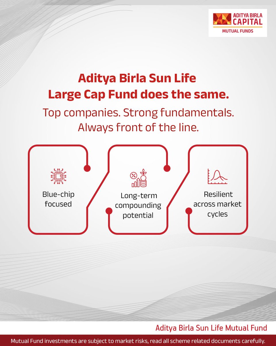 abslmf's tweet image. Some stand out. Others lead.
Aditya Birla Sun Life Large Cap Fund invests in top-quality, blue-chip companies that stay ahead — no matter the market conditions.

To know more about this fund click the link below:
tinyurl.com/8h6dw3ef

#LargeCapFund #MutualFunds #ABSLMF