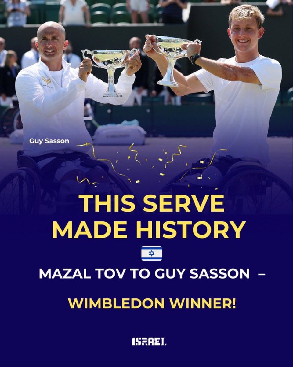 Israeli tennis champion Guy Sasson just made history, winning Wimbledon 2025 in quad doubles at age 45 alongside Dutch partner Niels Vink.

Paralyzed from the knees down after a snowboarding accident, he fought his way back to the top with resilience and talent.

“Am Yisrael