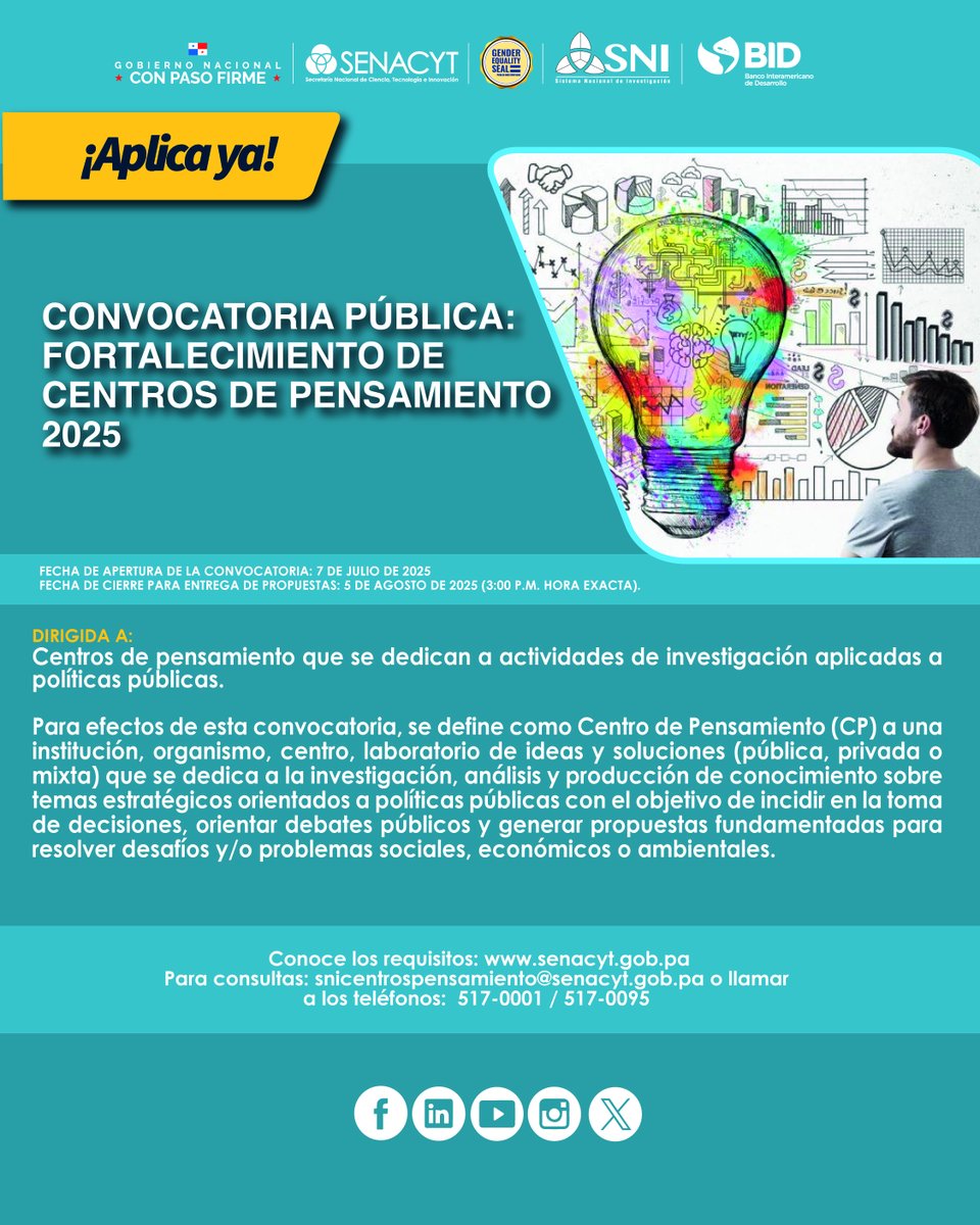 ¡Aplica Ya!

Convocatoria pública: Fortalecimiento de centros de pensamiento 2025

Fecha de cierre: 5 de agosto hasta las 3:00 p.m. (Hora exacta)

Ver detalles en: senacyt.gob.pa/convocatoria-p…