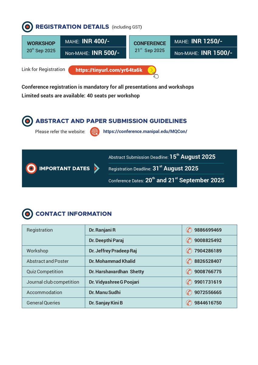 kmc_manipal's tweet image. 🚨 Abstracts Open!
📢 Join Manipal Quest 2.0 – a national PG research meet
📍 KMC Manipal | 🗓 20-21 Sept 2025
🎓 Open to PGs &amp;amp; PhDs across health sciences
💻 Register: conference.manipal.edu/MQCon/
📧 Submit: kmcmanipalquest@gmail.com
#ManipalQuest #HealthResearch #MAHE #KMCManipal